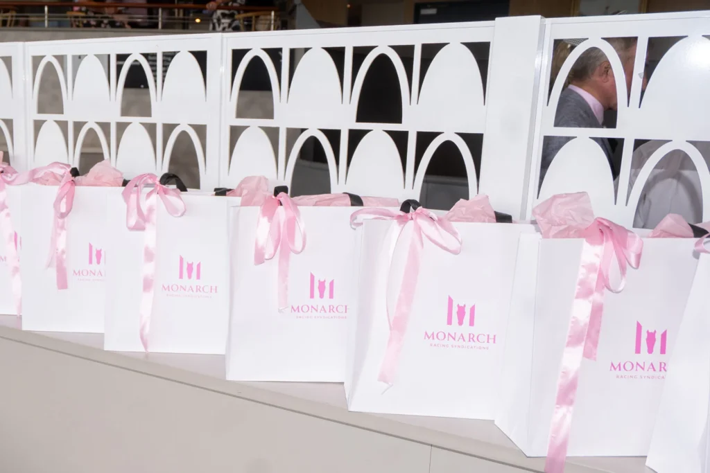 Monarch Racing gift bags tied with pink ribbons, lined up along a white railing.